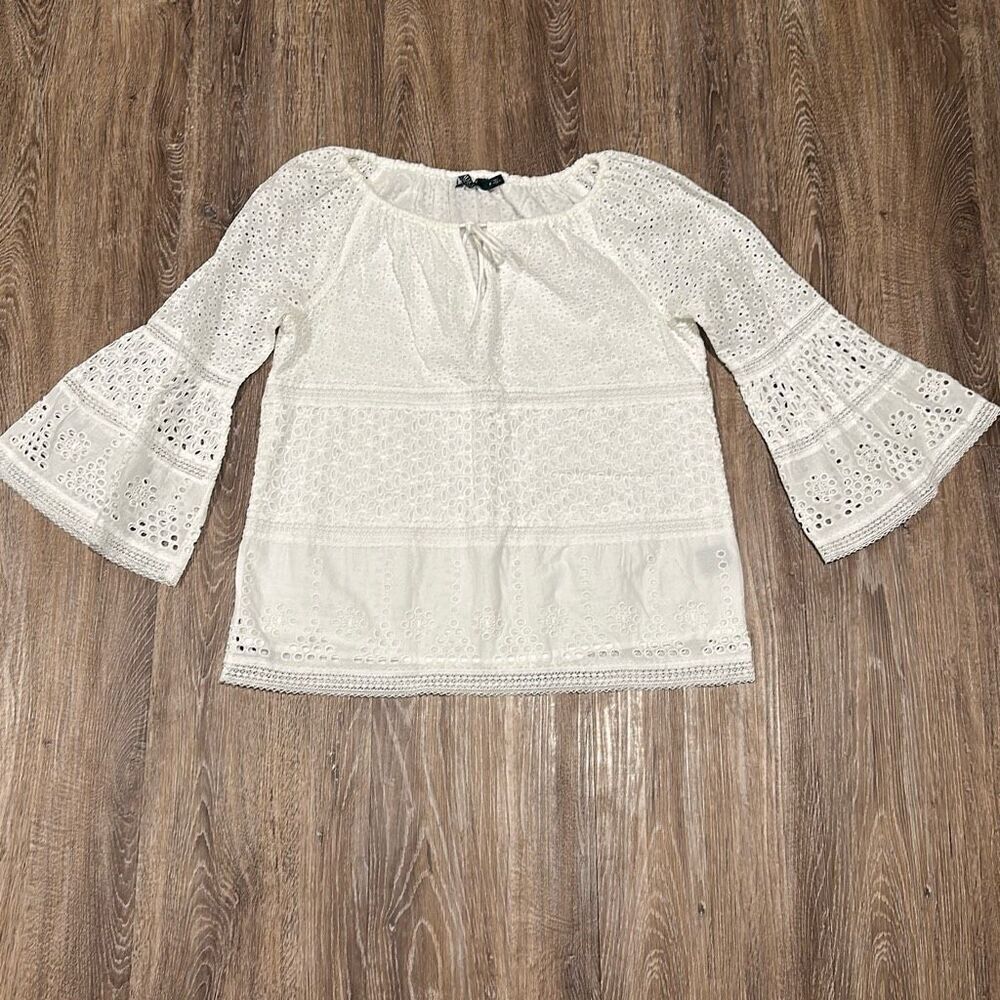 Lauren Ralph Lauren white eyelet lace bell sleeve top M cotton boho